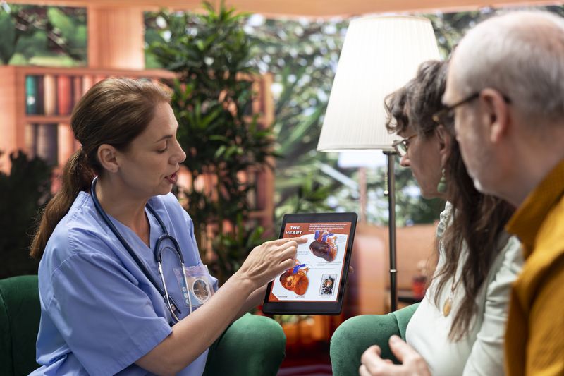 Un professionnel de santé explique le fonctionnement du cœur à deux personnes seniors